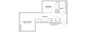 A floor plan of a room with a living/dining area, kitchen, and bedroom.