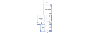 A blueprint of a house layout with labeled rooms such as Bedroom, Bath, Kitchen, Living/Dining, and Balcony.