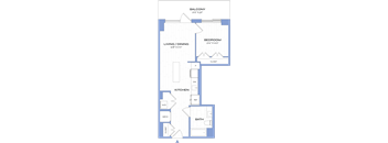 A blueprint of a house layout with a balcony, living/dining area, kitchen, bathroom, and bedroom.