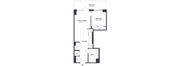 A floor plan of a balcony, living/dining area, kitchen, bathroom, and bedroom.