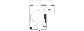 A floor plan of a small apartment with a balcony, living/dining area, kitchen, bathroom, and bedroom.
