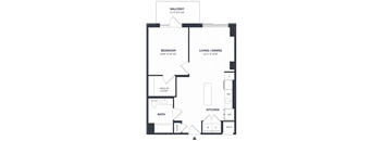 A floor plan of an apartment with a balcony, bedroom, living/dining area, kitchen, bath, and walk-in closet.
