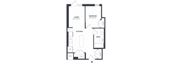 A floor plan of a small apartment with a living room, bedroom, kitchen, bathroom, and closets.