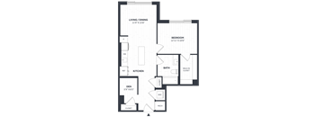 A floor plan of a home with a living/dining area, kitchen, bedroom, bathroom, and closet.