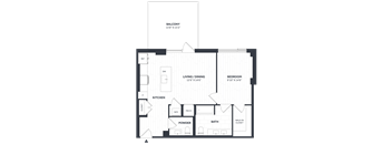 A floor plan of a balcony apartment with a living room, dining room, kitchen, powder room, and two bedrooms.