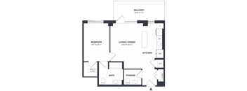 A floor plan of a balcony apartment with a living room, dining room, kitchen, powder room, and two bedrooms.
