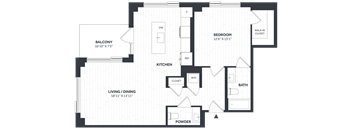 A floor plan of a house with a balcony, kitchen, living/dining area, bedroom, bathroom, and powder room.