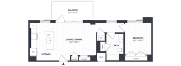 A floor plan of a balcony, kitchen, living/dining area, and bedroom.
