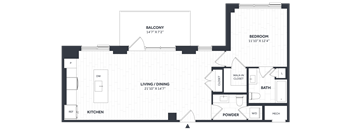 A floor plan of a house with a balcony, living/dining area, kitchen, bedroom, bath, powder room, and a walk-in closet.