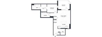 A floor plan of an apartment with a balcony, bathroom, powder room, living/dining area, kitchen, and den.