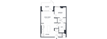 A floor plan of a house with a balcony, living/dining area, kitchen, bathroom, and bedroom.
