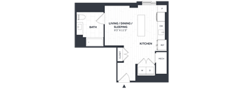 A floor plan of a house with a living room, dining room, kitchen, and bathroom.
