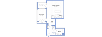 A blueprint of a house layout with labeled rooms such as Bedroom, Bath, Kitchen, and Living/Dining area.
