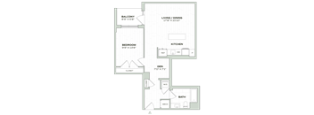 A floor plan of a house showing a bedroom, bathroom, kitchen, living room, and closet.