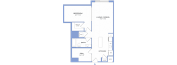 A floor plan of a house with a bedroom, living/dining area, bathroom, kitchen, and den.