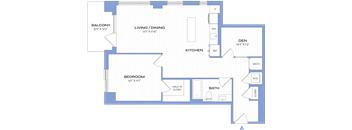 A blueprint of a house layout with labeled rooms such as Bedroom, Bath, Kitchen, Living/Dining, and Den.