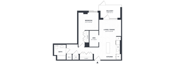 A floor plan of a house with a balcony, bedroom, living/dining area, den, bathroom, kitchen, and two closets.