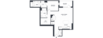 A floor plan of a house with a living room, dining room, kitchen, two bedrooms, a bathroom, a walk-in closet, and a den.
