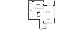 A floor plan of a house with a balcony, bedroom, bath, den, living/dining area, kitchen, and closet.
