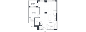 A floor plan of a home with a balcony, bedroom, den, living/dining area, kitchen, bathroom, and two closets.