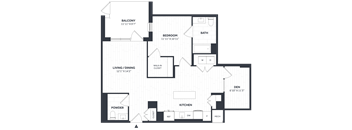 A floor plan of a house with a balcony, living/dining area, kitchen, bathroom, and bedroom.