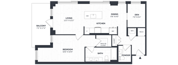 A floor plan of a house with a living room, dining room, kitchen, den, bedroom, bathroom, powder room, and balcony.