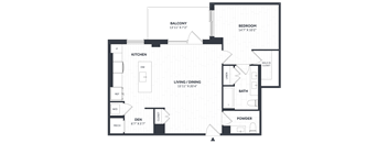 A floor plan of a house with a living room, kitchen, den, powder room, and two bedrooms.