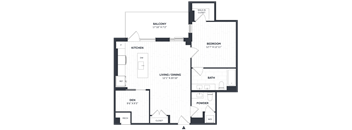 A floor plan of a house with a balcony, kitchen, living/dining area, bedroom, bathroom, den, powder room, and closets.