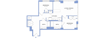 A blueprint of a house layout with two bedrooms, a living/dining area, a kitchen, two bathrooms, and a mech.