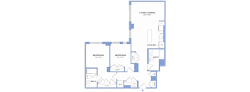 A blueprint of a house layout with labeled rooms such as Bedroom, Bath, Kitchen, and Living/Dining area.