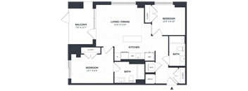 A floor plan of a house with a balcony, living room, dining room, kitchen, two bedrooms, and two bathrooms.