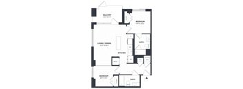 A black and white image of a floor plan for a home with a balcony, two bedrooms, a living/dining area, a kitchen, a bathroom, a mech, and a cloakroom.