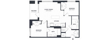 A black and white image of a floor plan for a home with a living room, dining room, kitchen, two bedrooms, a bathroom, and a balcony.