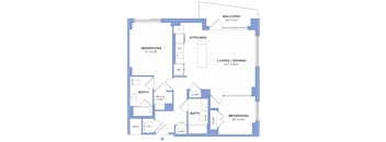 A blueprint shows a floor plan of a house with a balcony, two bedrooms, a bath, a kitchen, a living/dining area, and two closets.