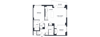A black and white image of a floor plan for a house with a balcony, kitchen, living/dining area, and three bedrooms.