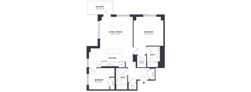 A floor plan of a home with a balcony, two bedrooms, a living/dining area, a kitchen, and two bathrooms.