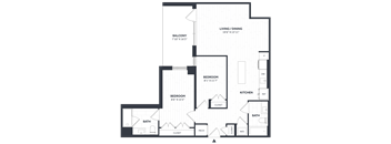 A floor plan of a house with a living area, two bedrooms, a bathroom, a kitchen, and a mech.