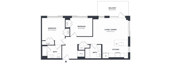 A black and white image of a floor plan for a house with a balcony, two bedrooms, a living/dining area, a kitchen, a bathroom, and a closet.