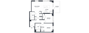 A floor plan of a house with a living room, kitchen, two bedrooms, and a bathroom.