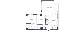 A floor plan of a house with two bedrooms, a living/dining area, a kitchen, two bathrooms, and a walk-in closet.