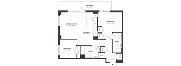 A black and white image of a floor plan for a balcony, living/dining area, kitchen, and two bedrooms.