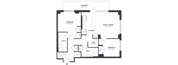 A floor plan of a house with a balcony, two bedrooms, a living/dining area, a kitchen, a den, and two bathrooms.