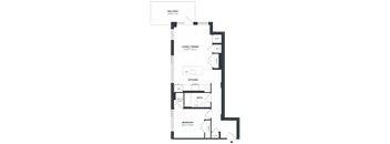 A floor plan of a house with a balcony, living/dining area, kitchen, bathroom, and bedroom.