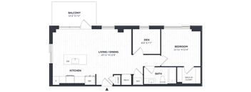 A floor plan of a house with a living room, kitchen, and two bedrooms.