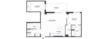 A floor plan of a house with a living room, dining room, kitchen, two bedrooms, two bathrooms, a balcony, and a walk-in closet.