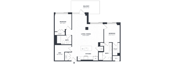 A black and white image of a floor plan for a balcony, living/dining area, and two bedrooms.