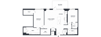 A floor plan of a house with a balcony, two bedrooms, a living area, a kitchen, a bathroom, a den, and a walk-in closet.