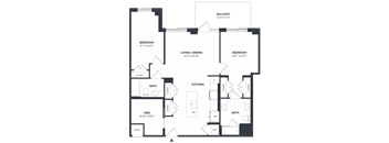 A black and white image of a floor plan for a home with a balcony, two bedrooms, a living/dining area, a kitchen, a bath, a den, and a mech.