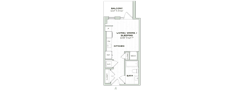 A floor plan of a small apartment with a balcony, kitchen, and bathroom.
