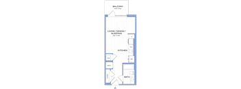 A blueprint of a balcony, living/dining area, kitchen, bathroom, and closet.